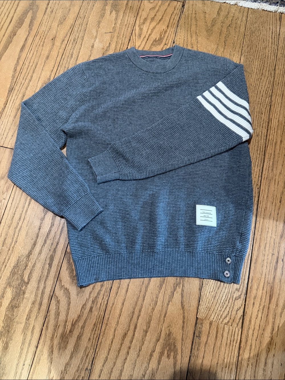Thom Browne grey Crewneck Sweater with White Sleeve Stripes